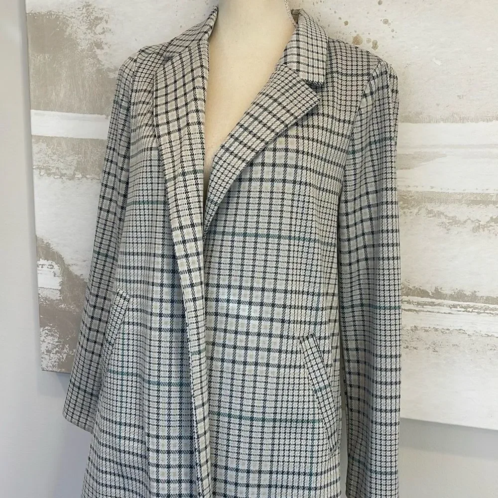 Melloday TRENCH COAT GREY BLUE PLAID SLASH POCKET OPEN FRONT - Picture 2 of 7